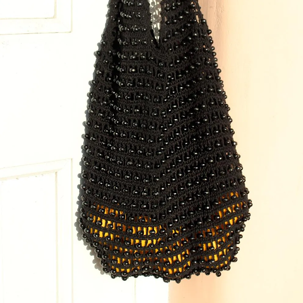Karma Wooden Beads Crochet Bag in Black