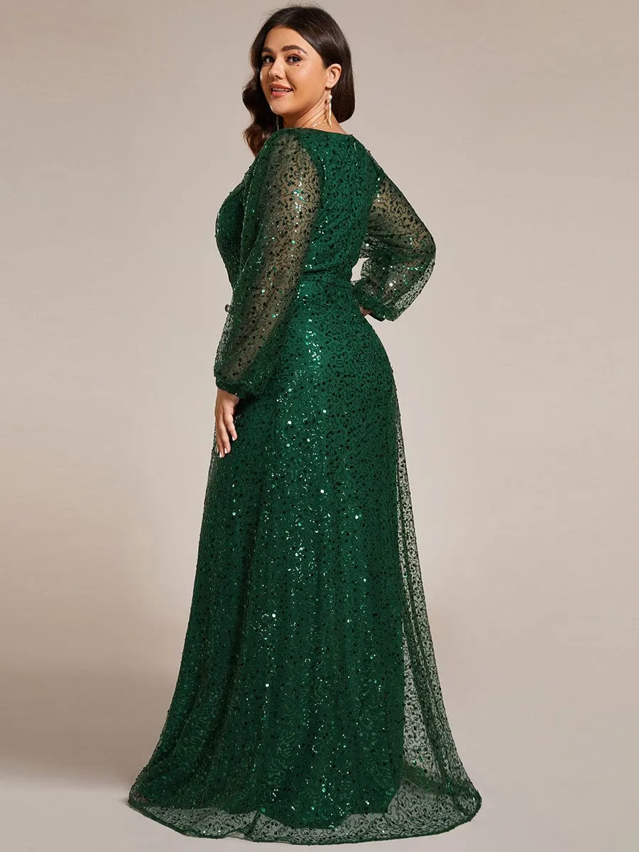 Kerrianna V-neck long lantern sleeve sequin A-Line dress