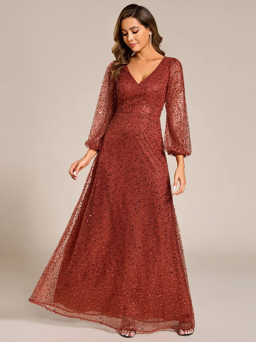 Kerrianna V-neck long lantern sleeve sequin A-Line dress