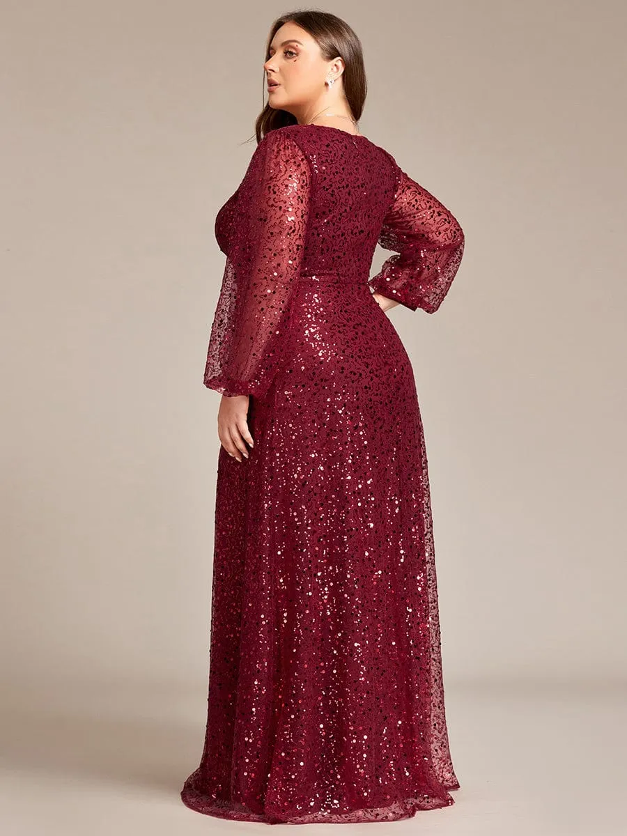 Kerrianna V-neck long lantern sleeve sequin A-Line dress