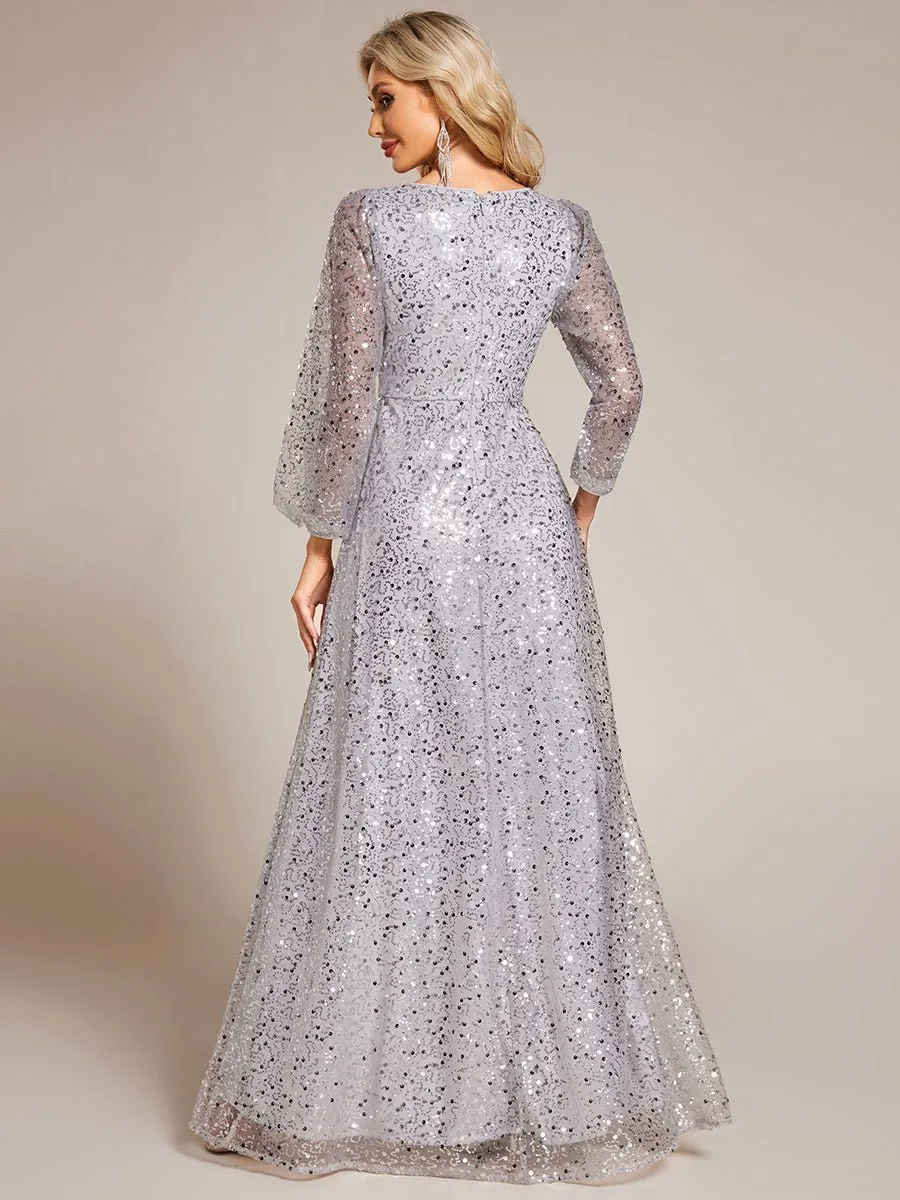 Kerrianna V-neck long lantern sleeve sequin A-Line dress