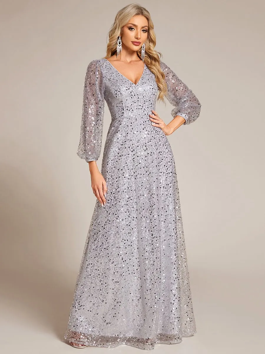Kerrianna V-neck long lantern sleeve sequin A-Line dress