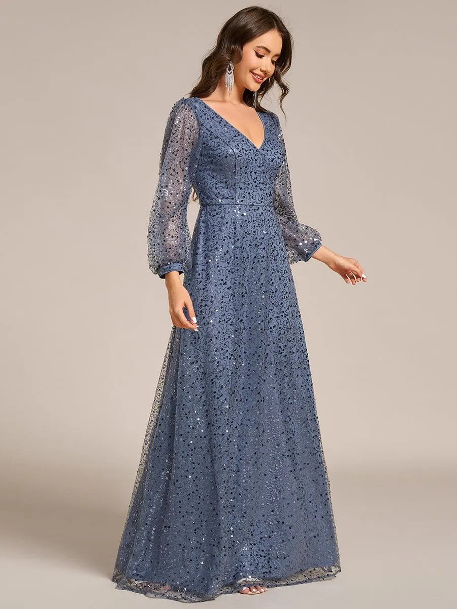 Kerrianna V-neck long lantern sleeve sequin A-Line dress