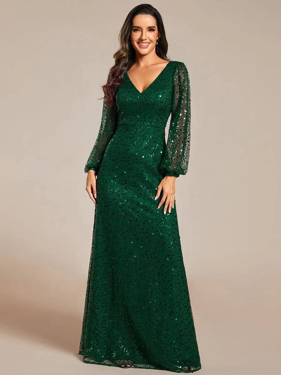 Kerrianna V-neck long lantern sleeve sequin A-Line dress