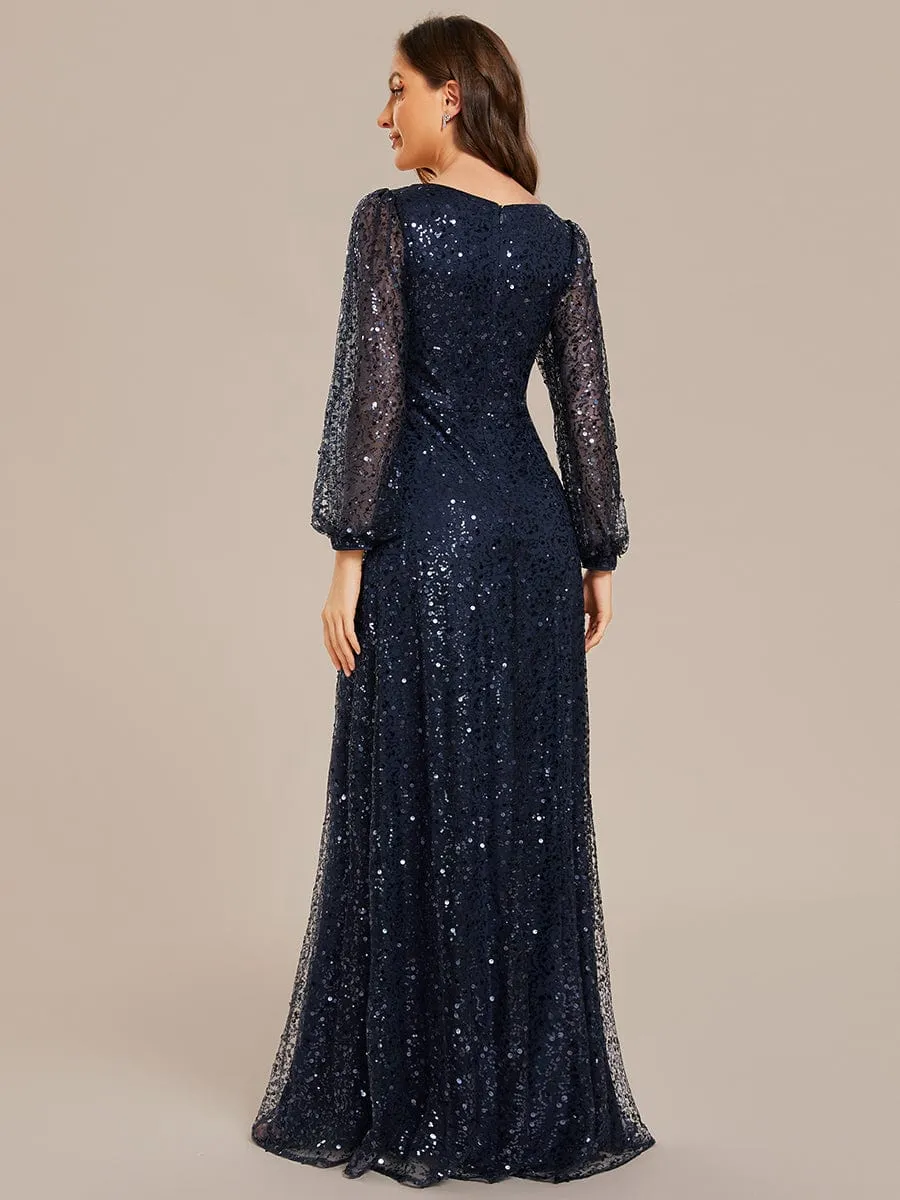 Kerrianna V-neck long lantern sleeve sequin A-Line dress