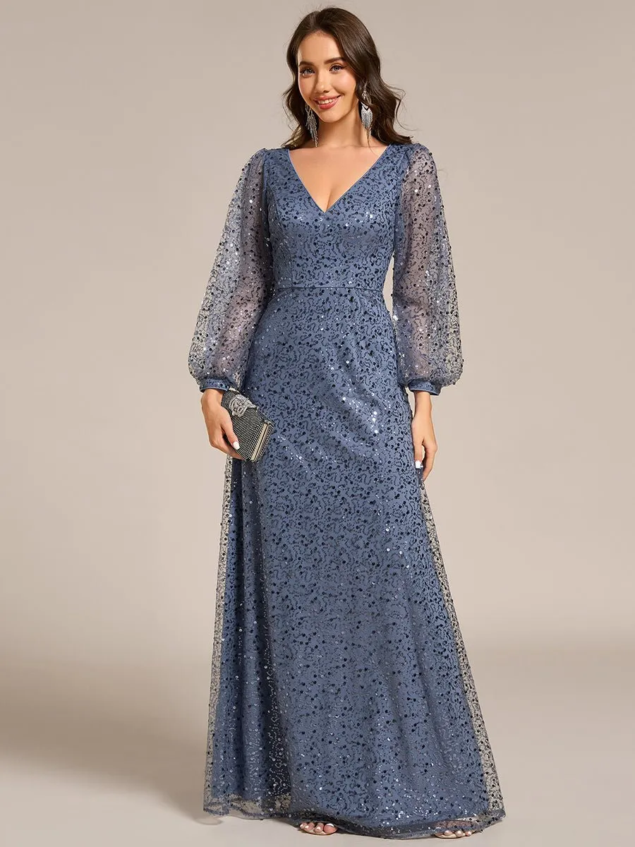 Kerrianna V-neck long lantern sleeve sequin A-Line dress