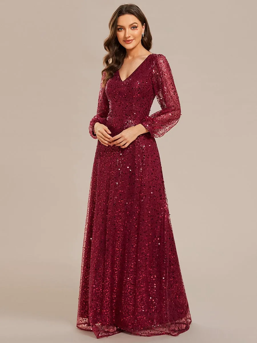 Kerrianna V-neck long lantern sleeve sequin A-Line dress