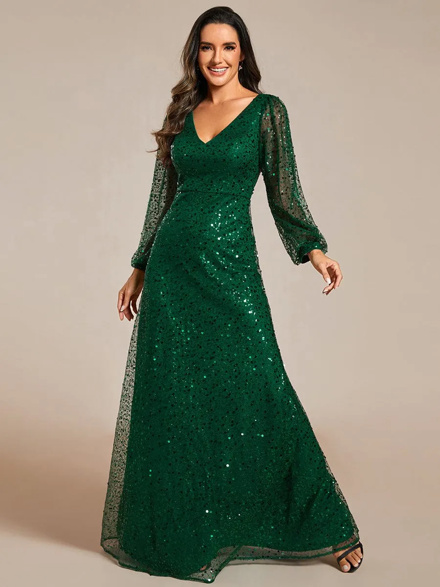 Kerrianna V-neck long lantern sleeve sequin A-Line dress