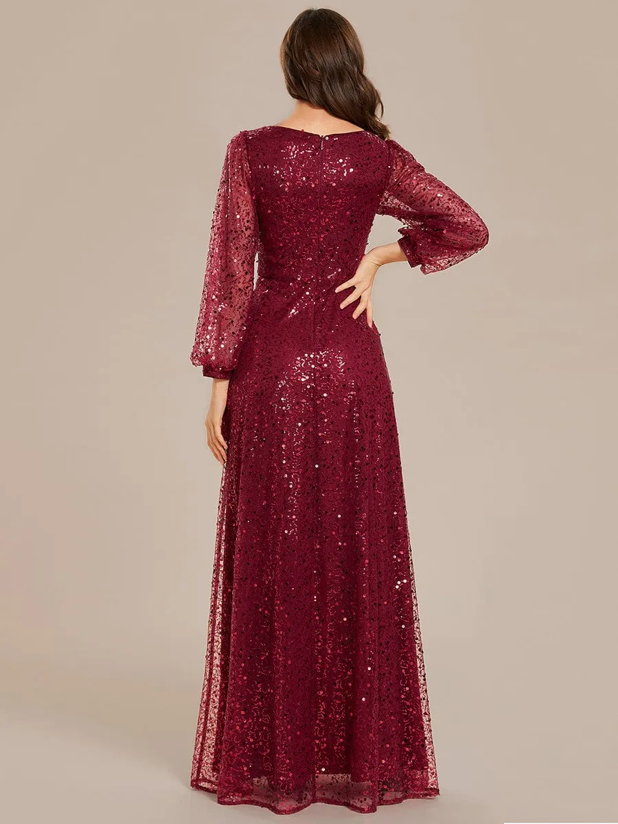Kerrianna V-neck long lantern sleeve sequin A-Line dress