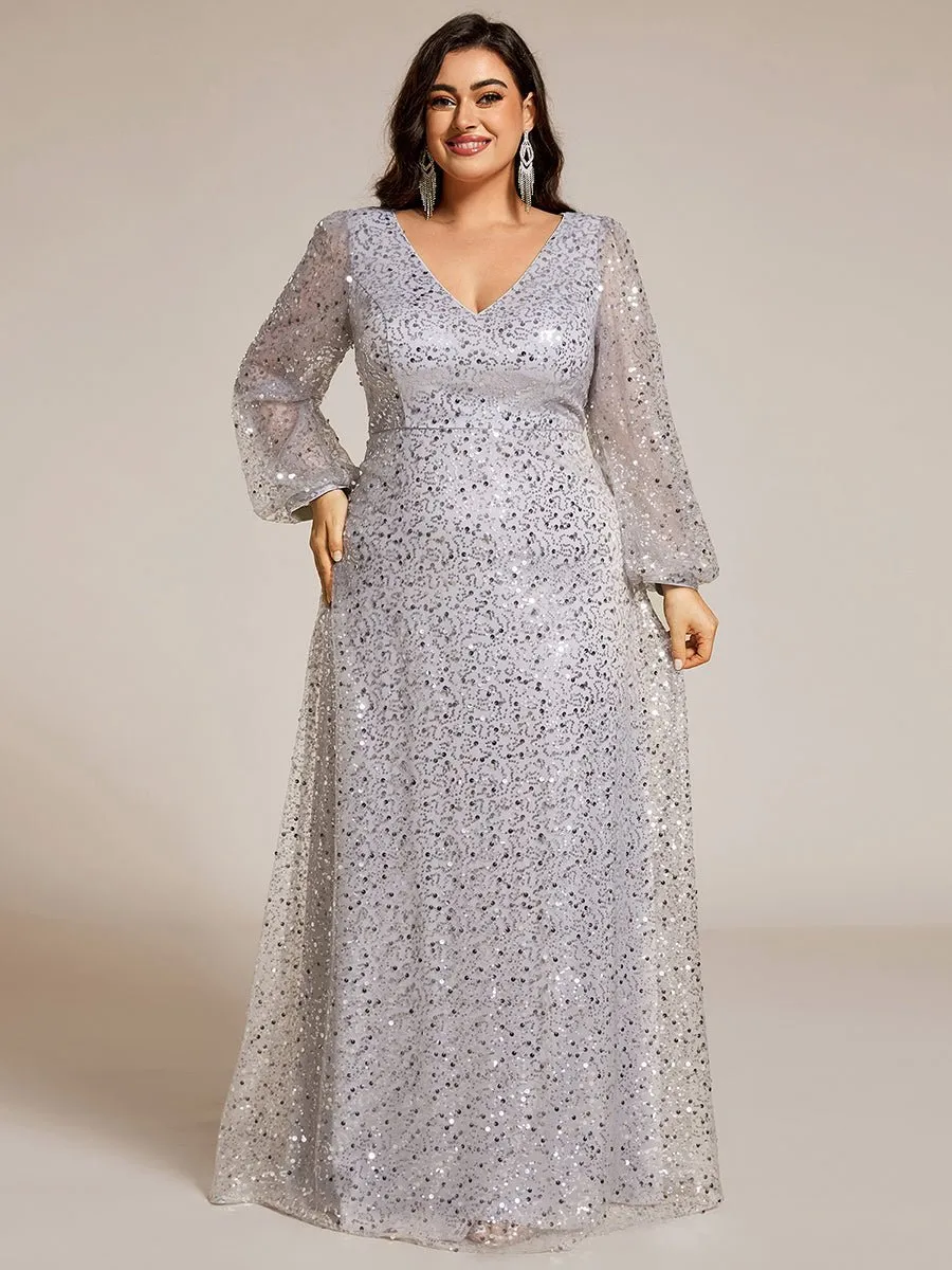 Kerrianna V-neck long lantern sleeve sequin A-Line dress