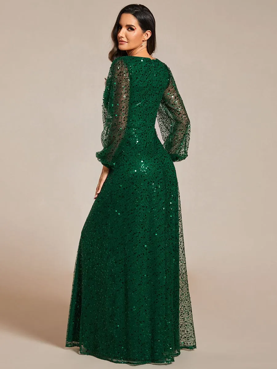 Kerrianna V-neck long lantern sleeve sequin A-Line dress