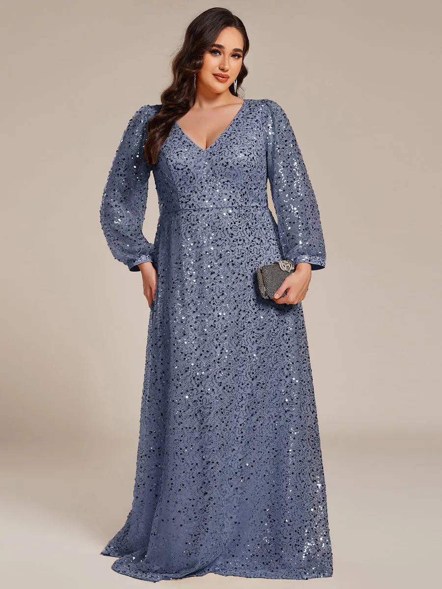 Kerrianna V-neck long lantern sleeve sequin A-Line dress