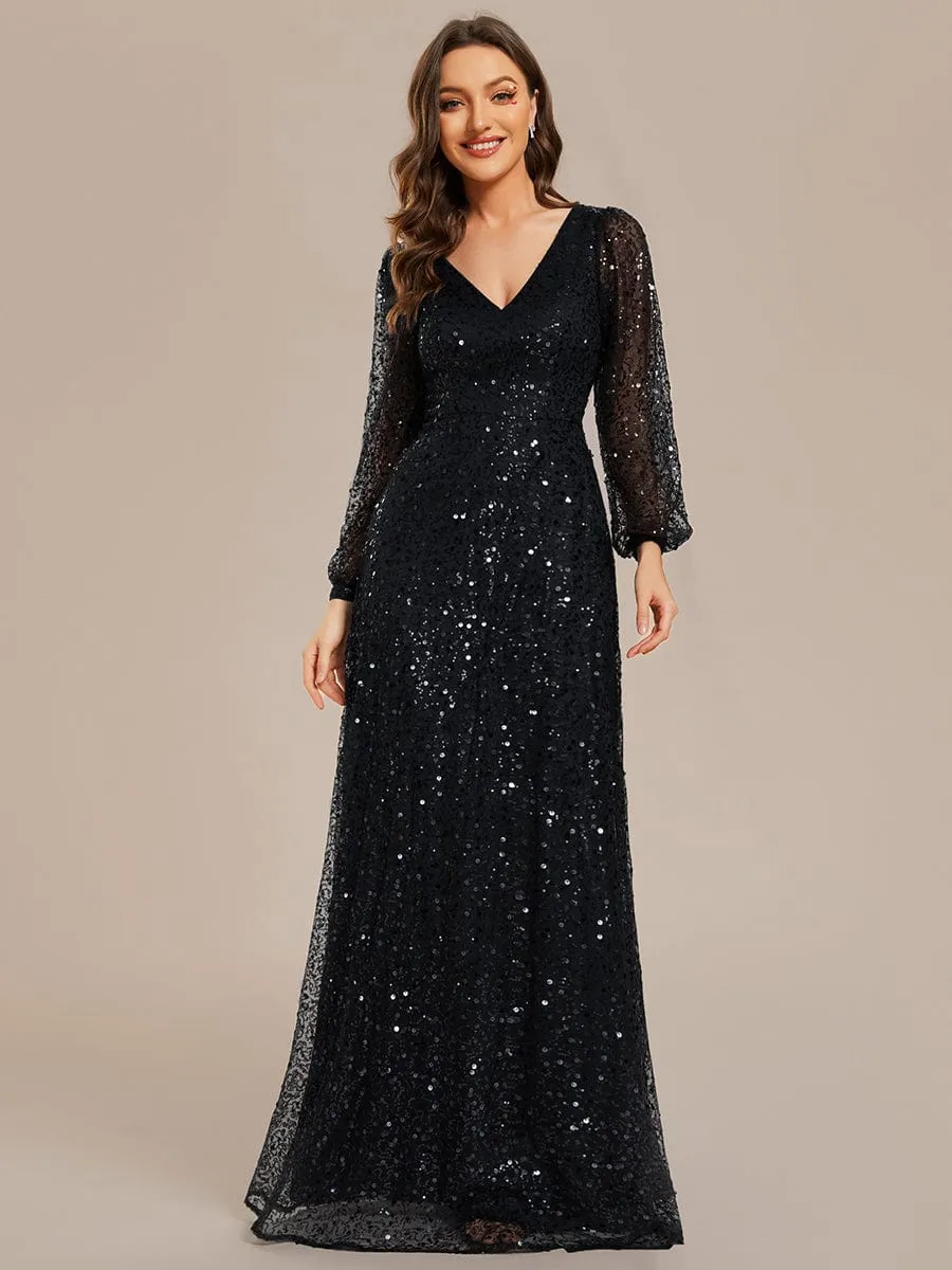 Kerrianna V-neck long lantern sleeve sequin A-Line dress