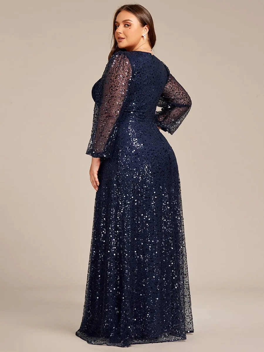 Kerrianna V-neck long lantern sleeve sequin A-Line dress