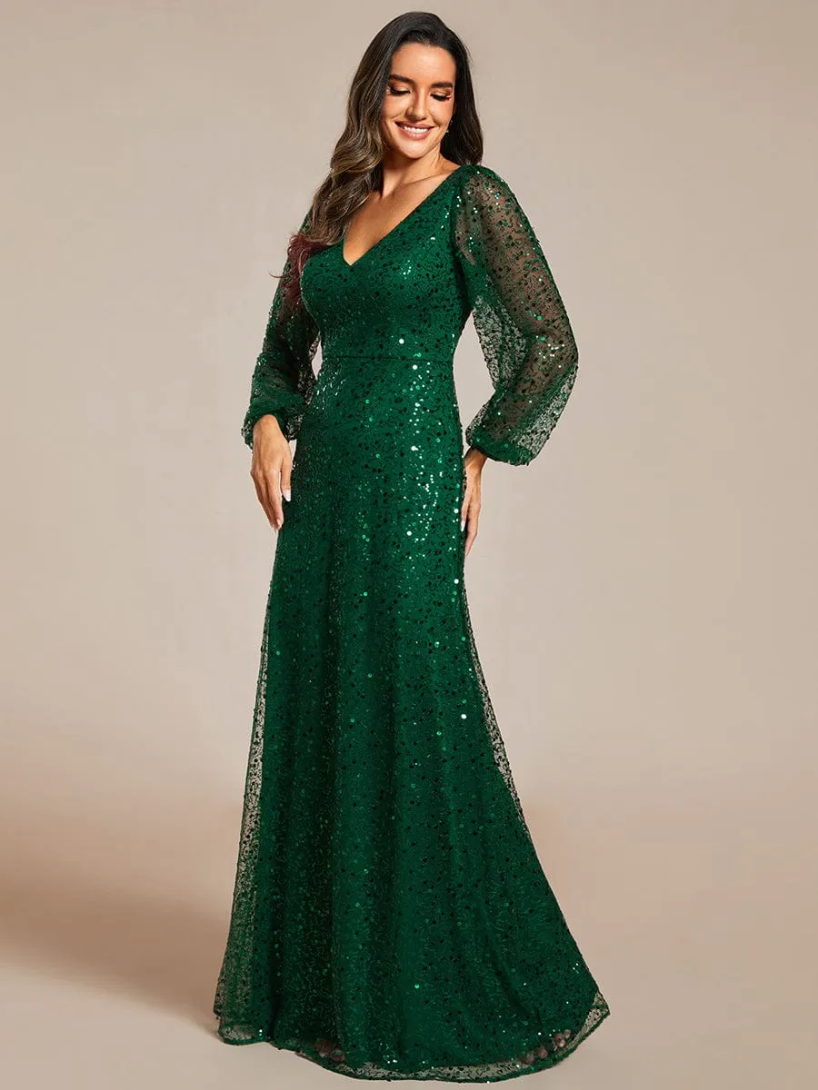 Kerrianna V-neck long lantern sleeve sequin A-Line dress