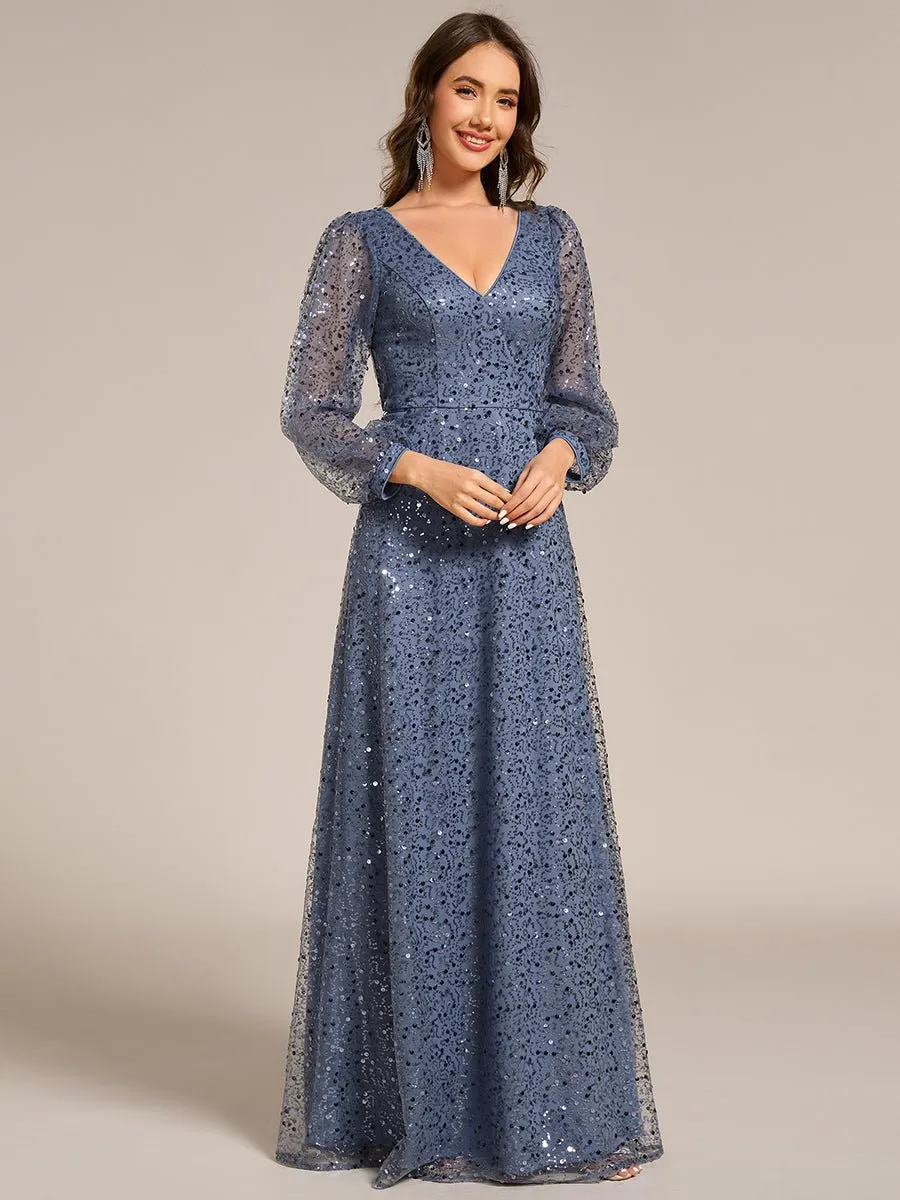 Kerrianna V-neck long lantern sleeve sequin A-Line dress