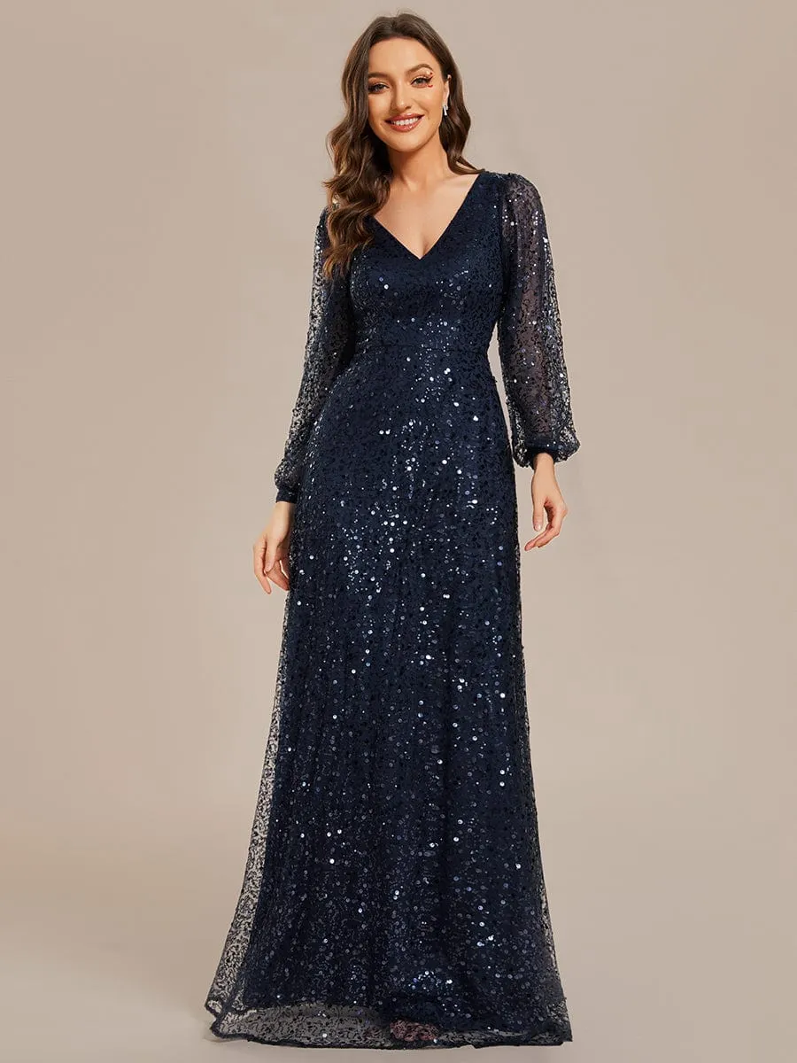 Kerrianna V-neck long lantern sleeve sequin A-Line dress