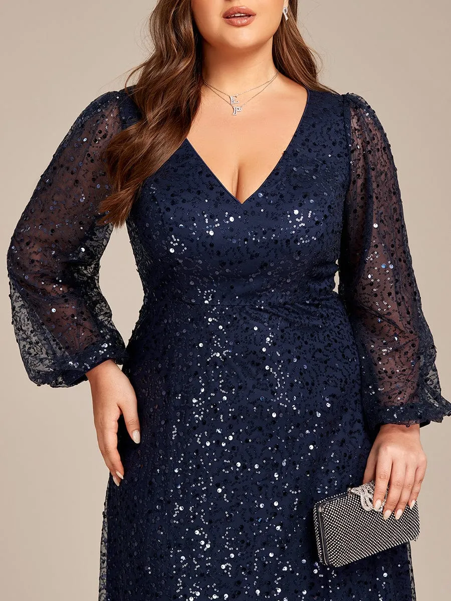 Kerrianna V-neck long lantern sleeve sequin A-Line dress