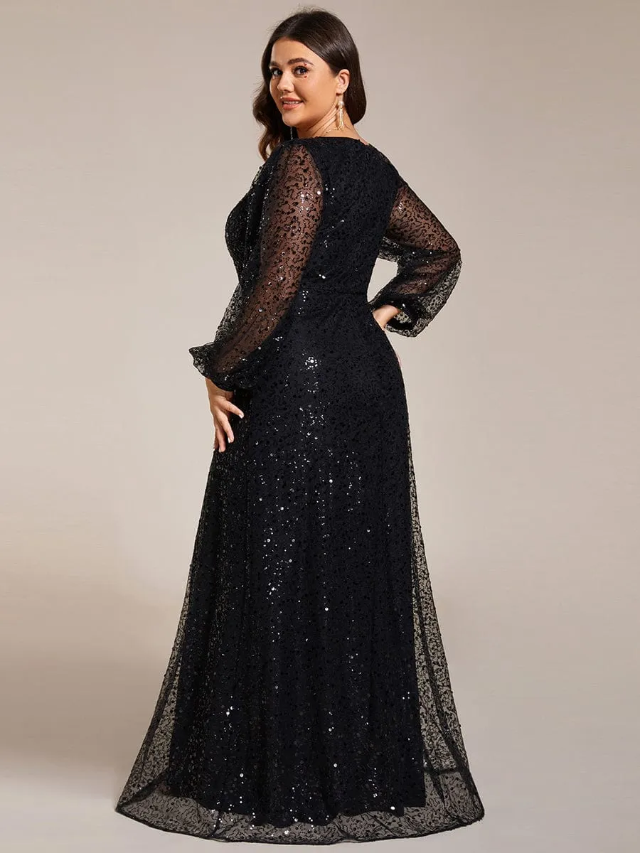 Kerrianna V-neck long lantern sleeve sequin A-Line dress