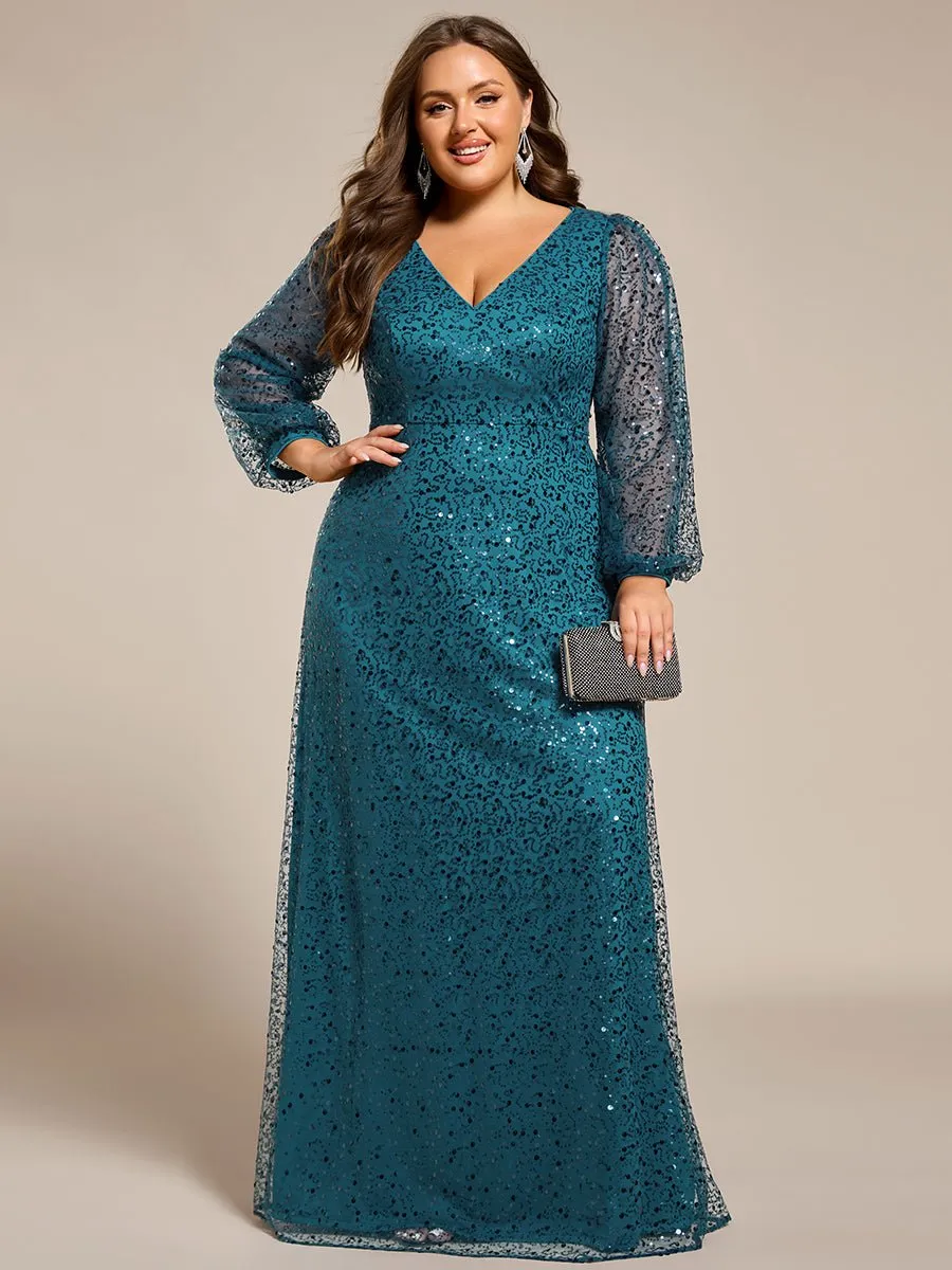 Kerrianna V-neck long lantern sleeve sequin A-Line dress