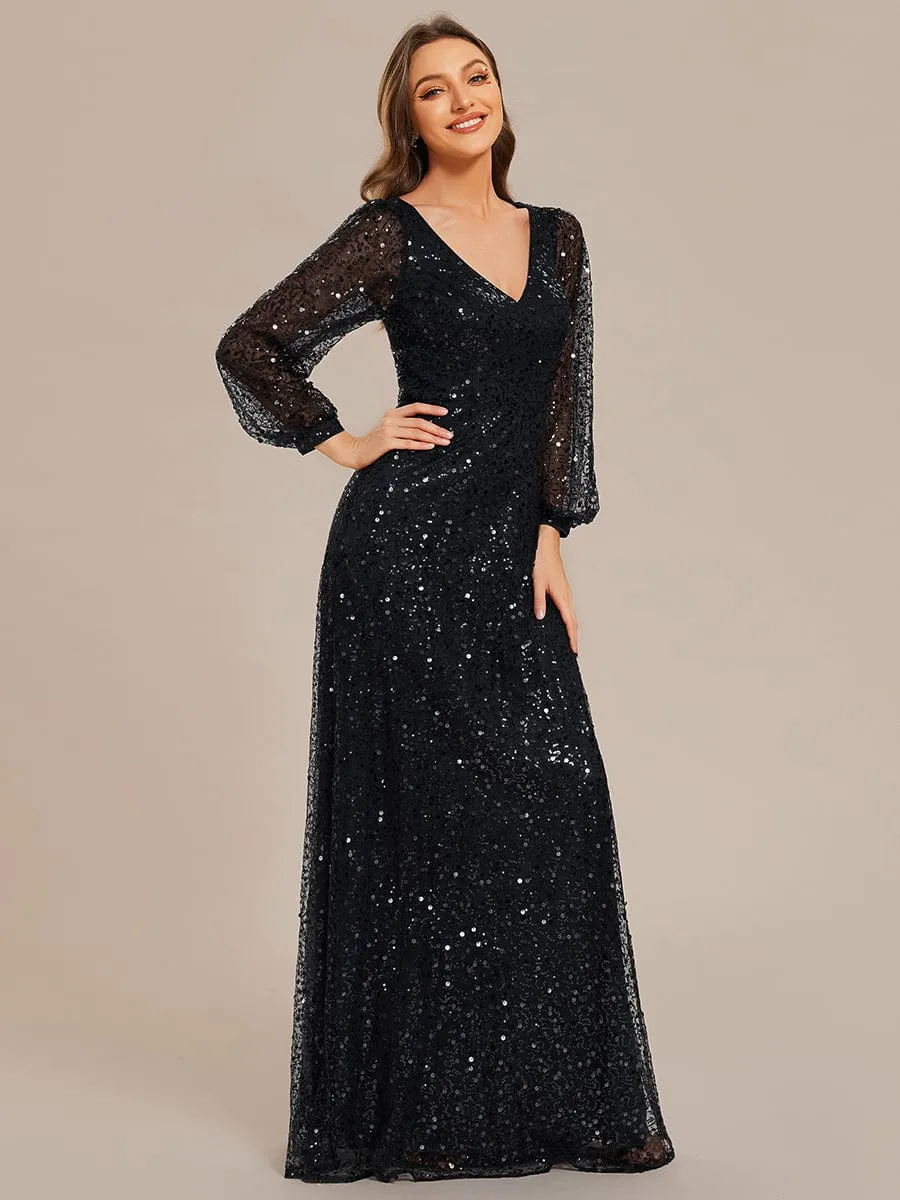 Kerrianna V-neck long lantern sleeve sequin A-Line dress