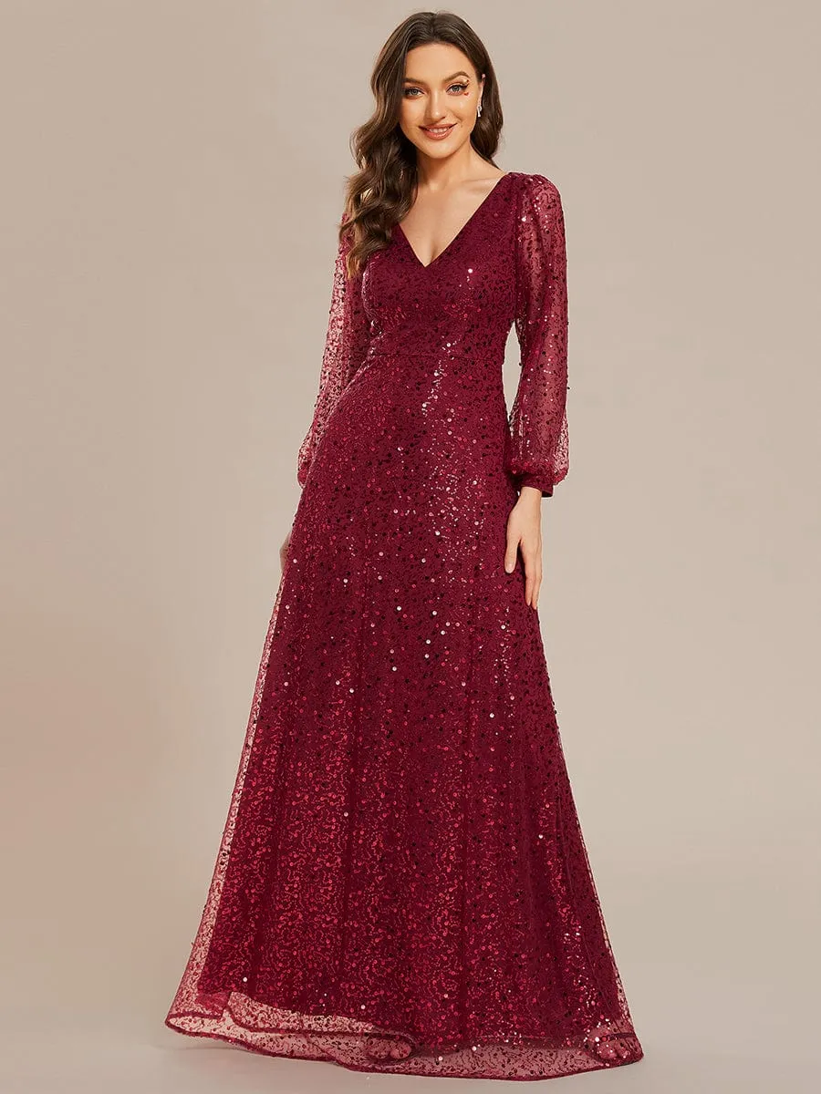 Kerrianna V-neck long lantern sleeve sequin A-Line dress