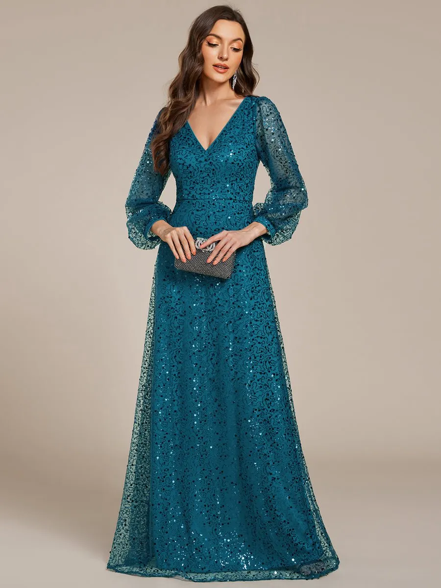 Kerrianna V-neck long lantern sleeve sequin A-Line dress