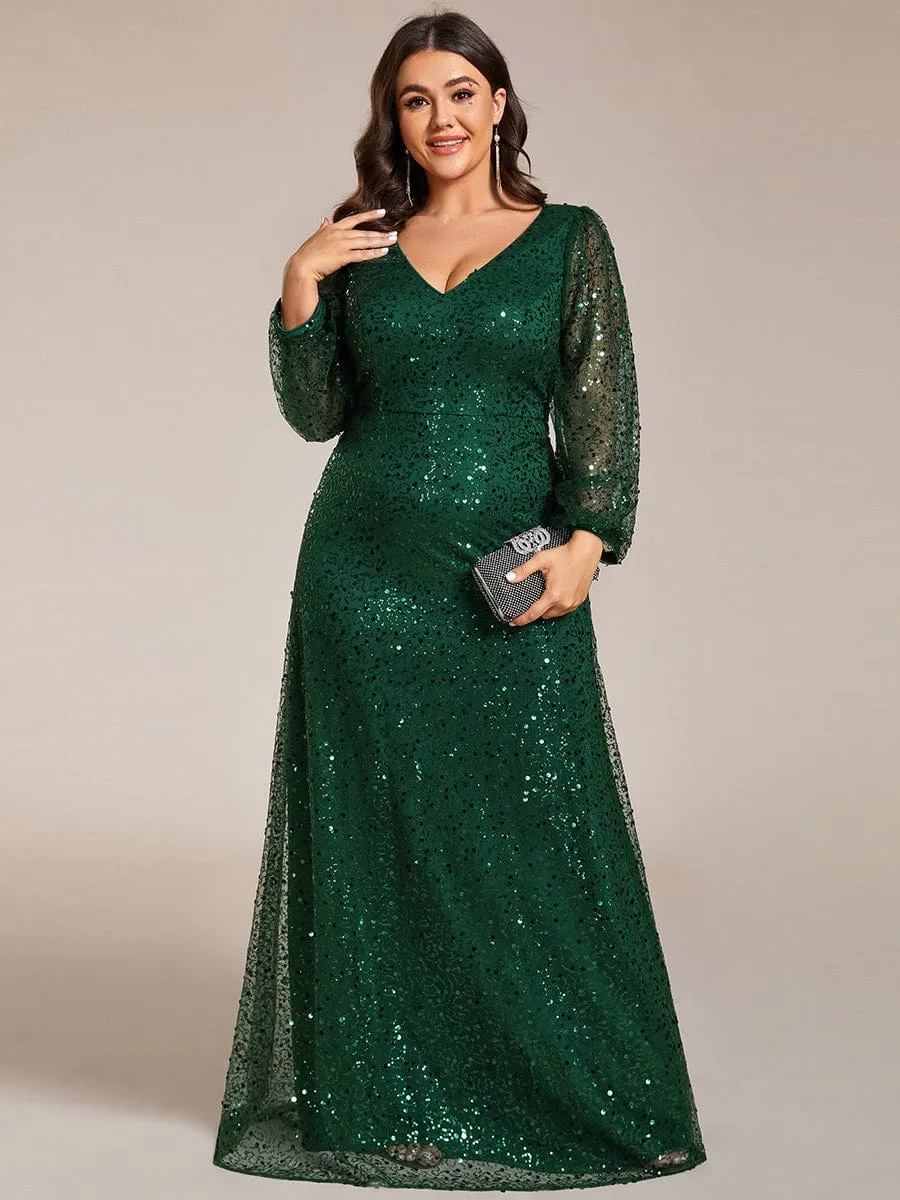 Kerrianna V-neck long lantern sleeve sequin A-Line dress