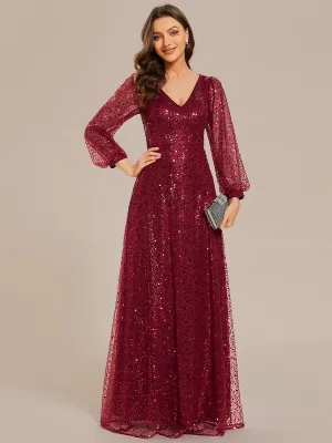 Kerrianna V-neck long lantern sleeve sequin A-Line dress