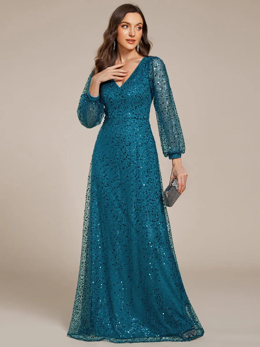 Kerrianna V-neck long lantern sleeve sequin A-Line dress