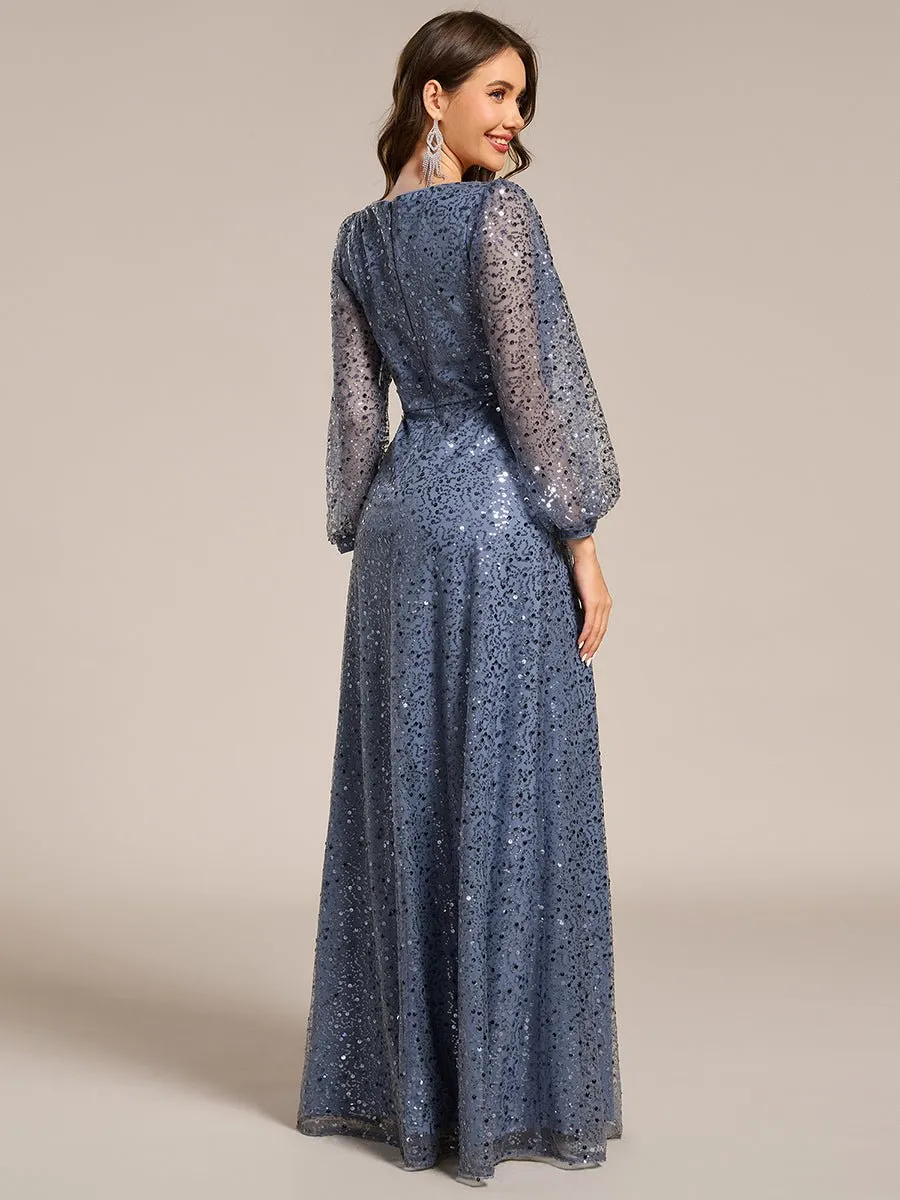 Kerrianna V-neck long lantern sleeve sequin A-Line dress