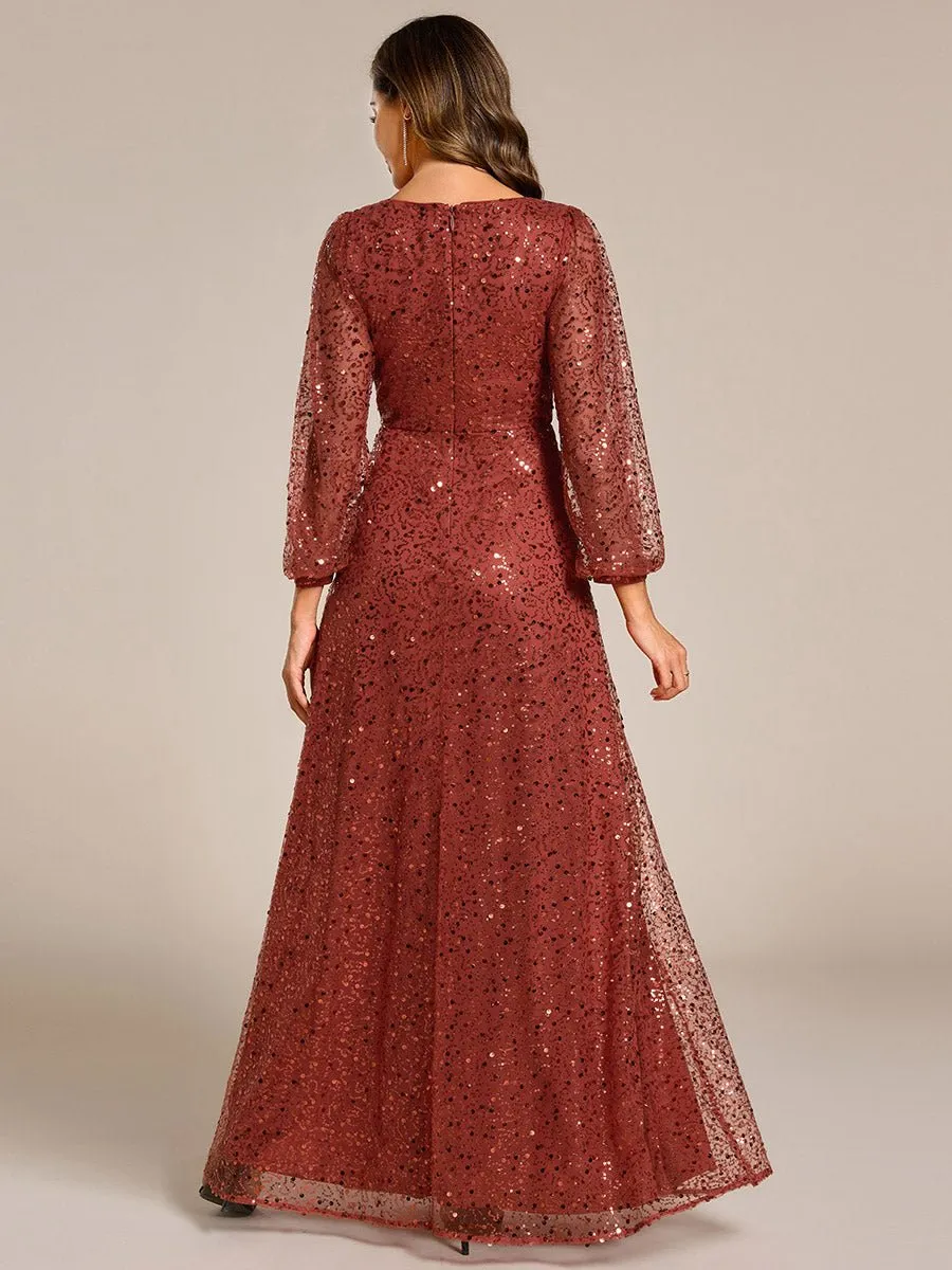 Kerrianna V-neck long lantern sleeve sequin A-Line dress