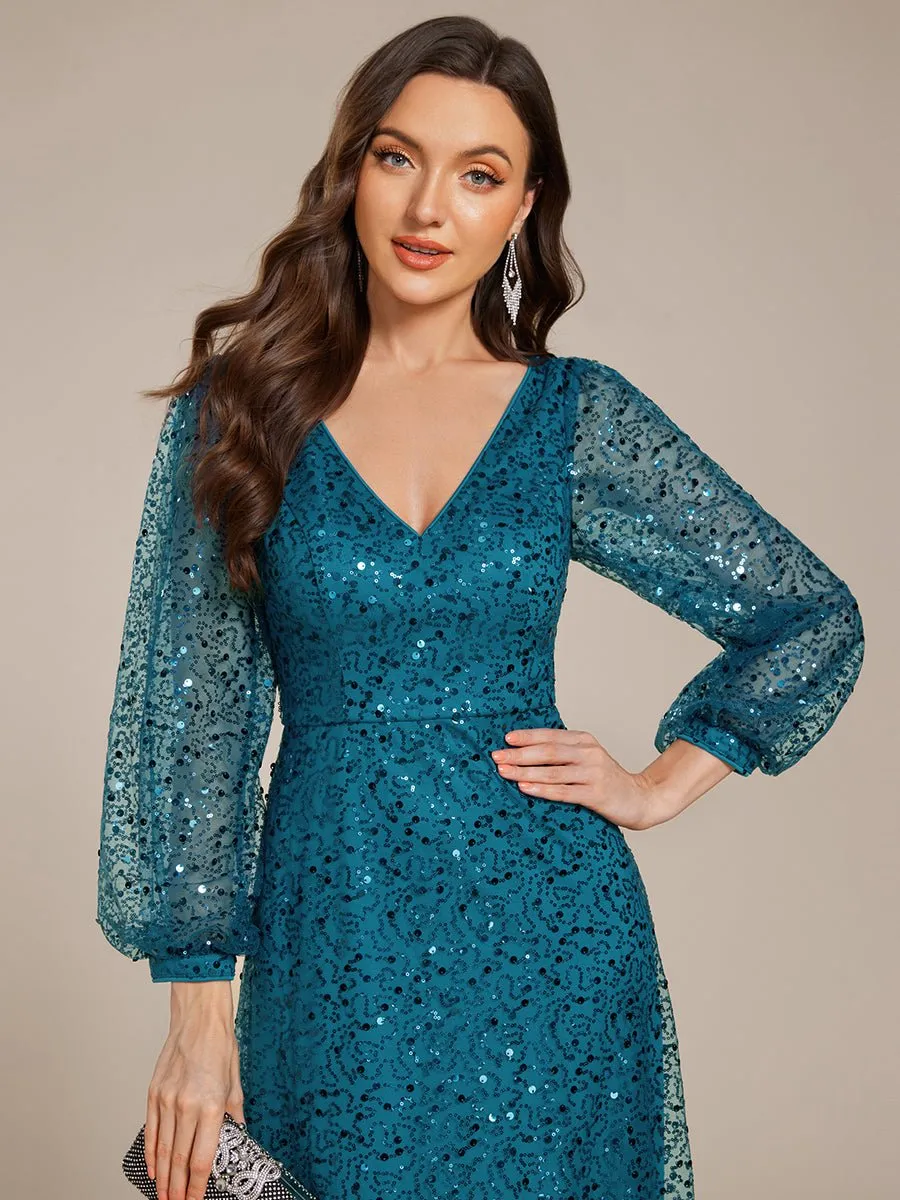 Kerrianna V-neck long lantern sleeve sequin A-Line dress