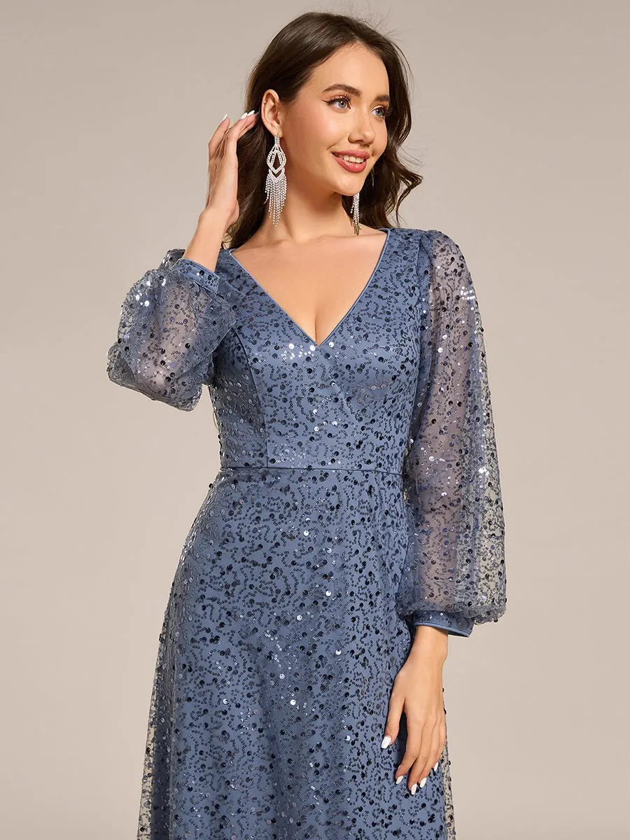 Kerrianna V-neck long lantern sleeve sequin A-Line dress