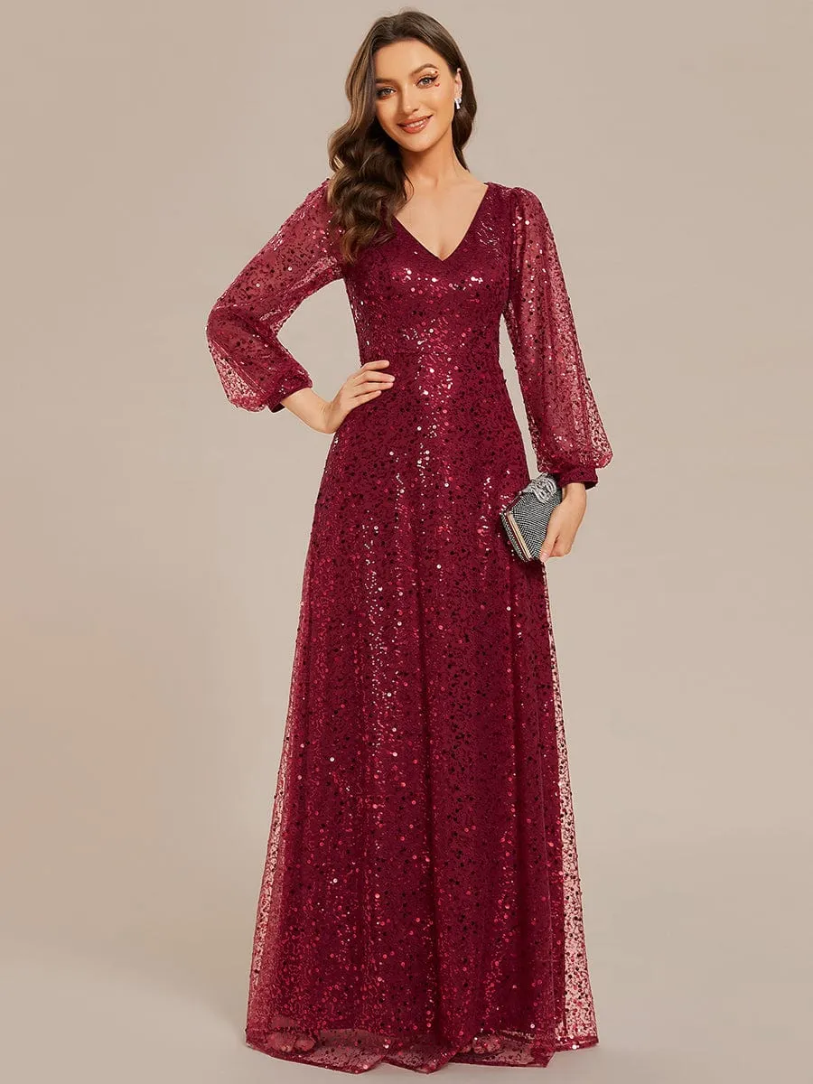 Kerrianna V-neck long lantern sleeve sequin A-Line dress
