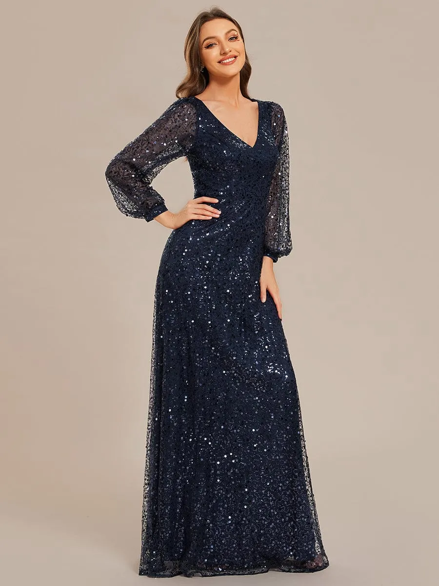Kerrianna V-neck long lantern sleeve sequin A-Line dress