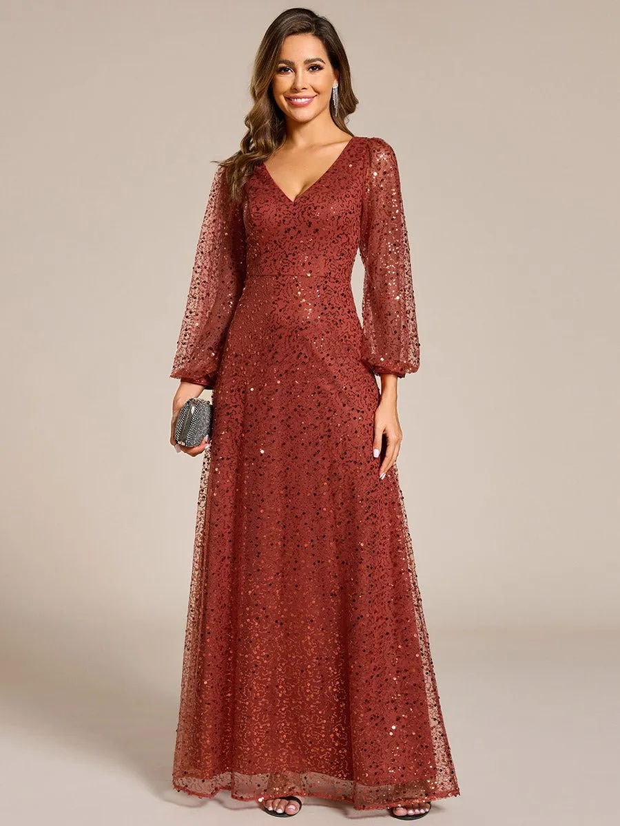 Kerrianna V-neck long lantern sleeve sequin A-Line dress