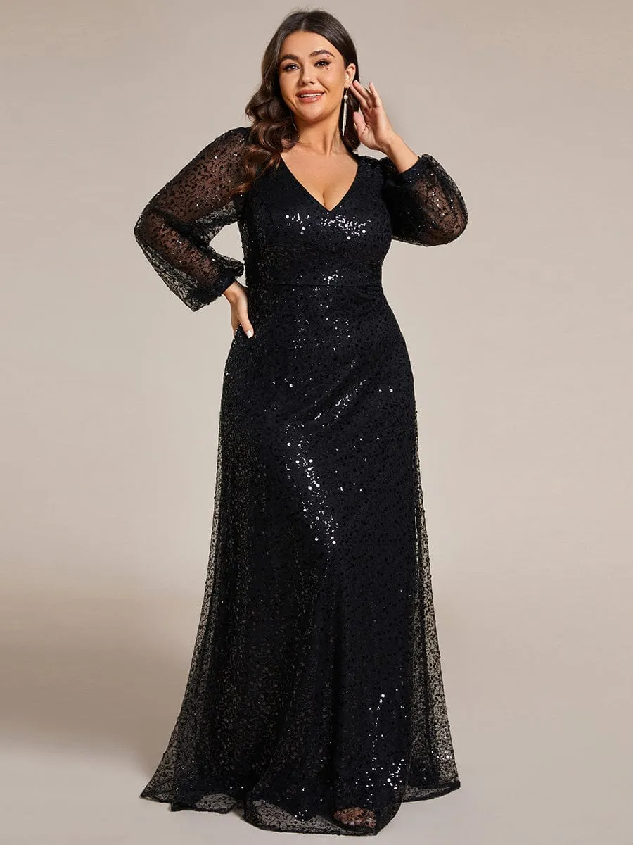 Kerrianna V-neck long lantern sleeve sequin A-Line dress