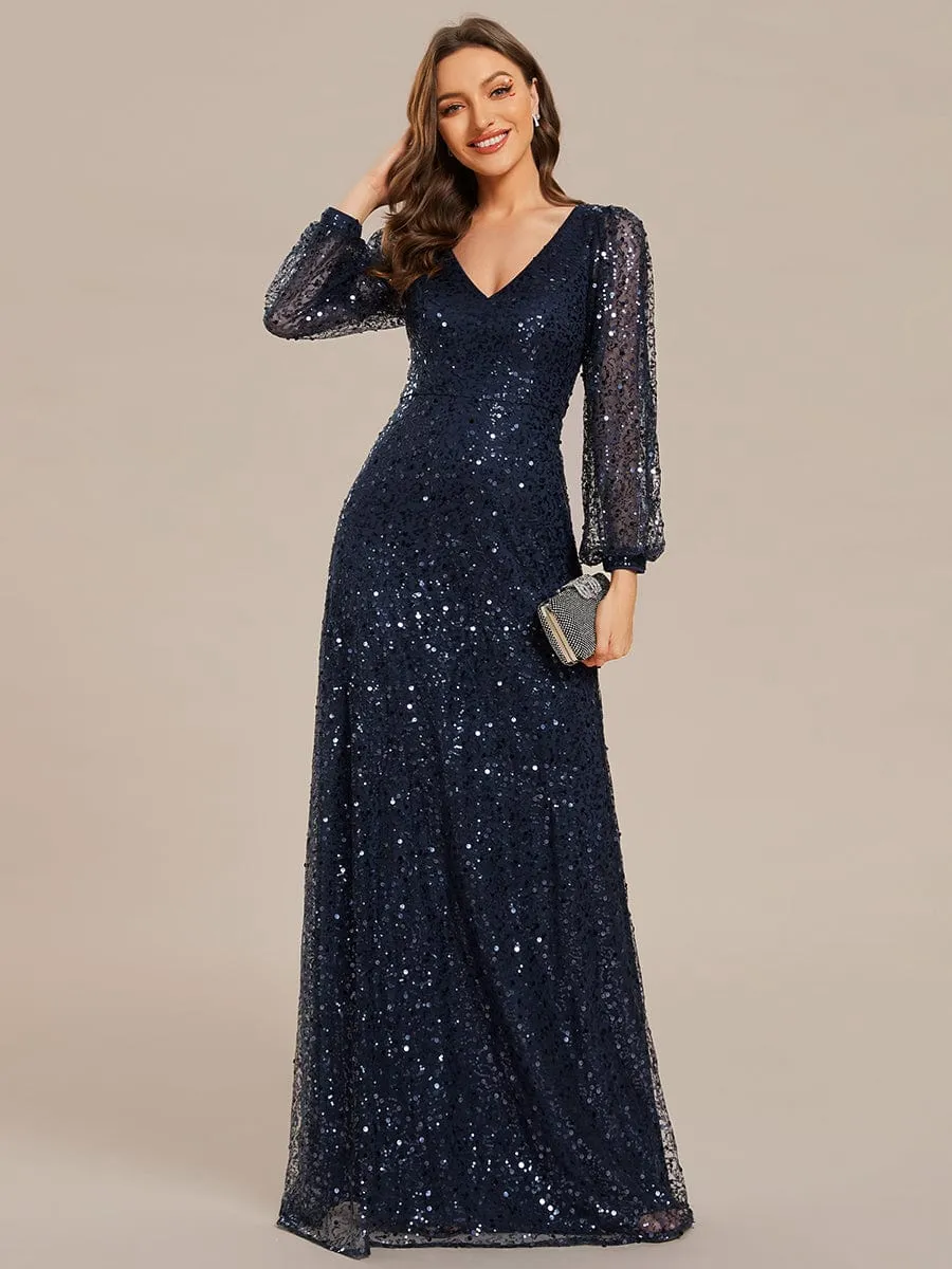 Kerrianna V-neck long lantern sleeve sequin A-Line dress