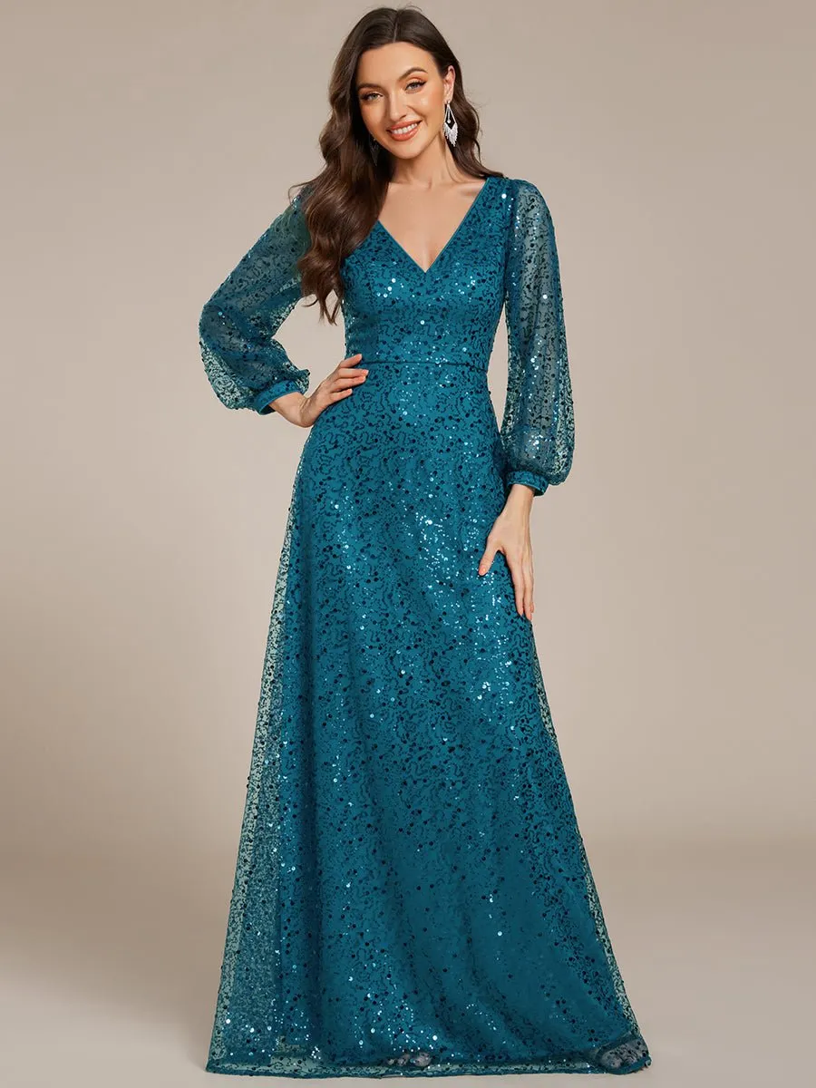 Kerrianna V-neck long lantern sleeve sequin A-Line dress