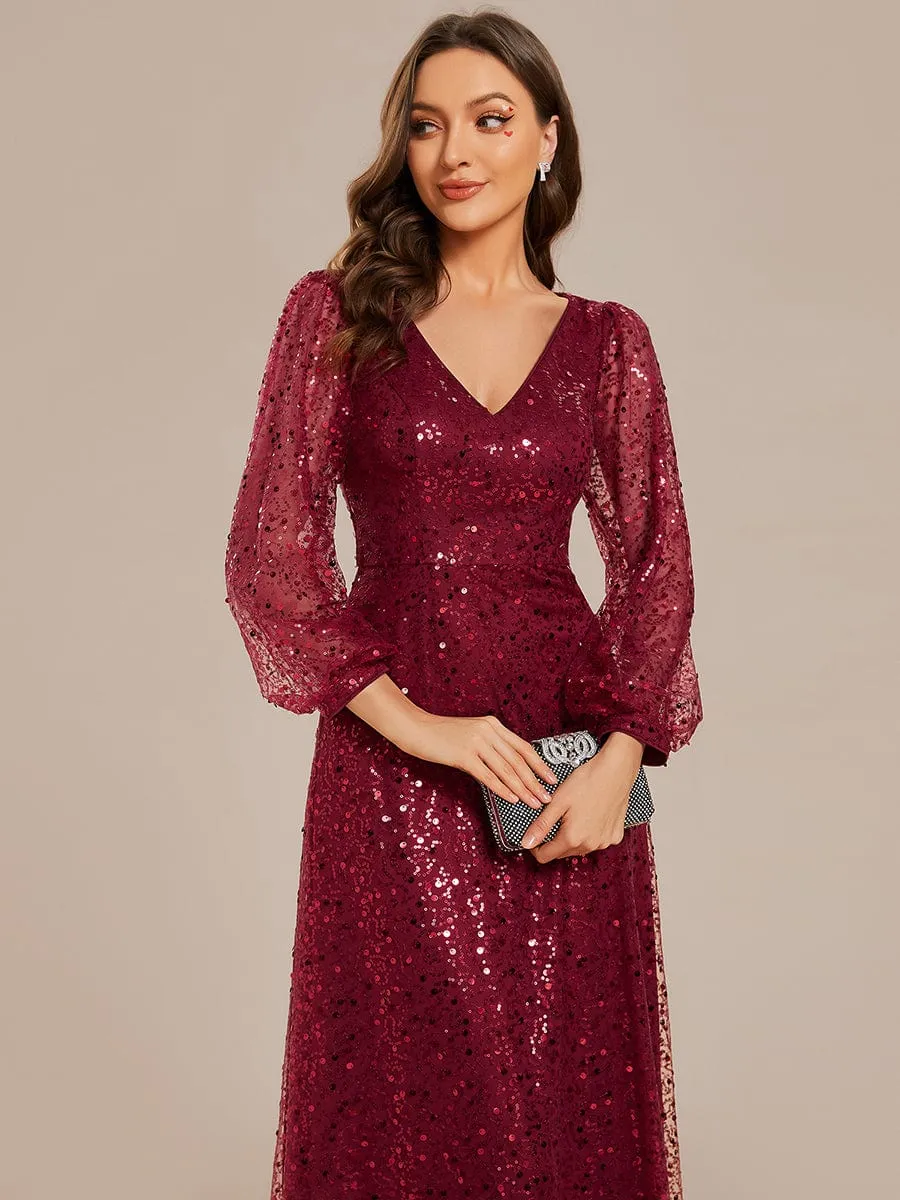 Kerrianna V-neck long lantern sleeve sequin A-Line dress