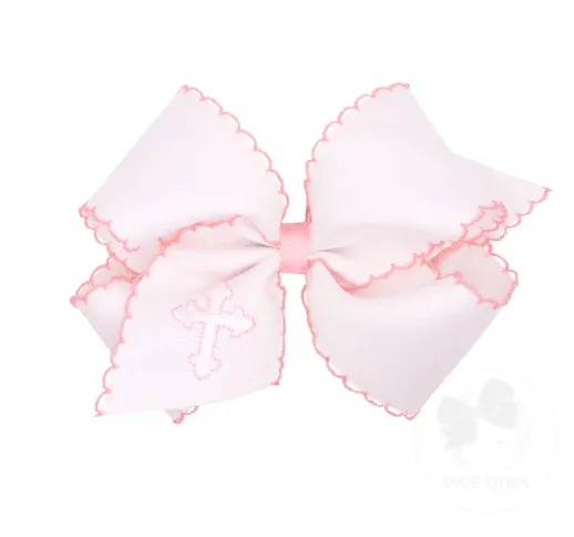 King White Grosgrain Bow with Moonstitch Edge and Cross Embroidery - White with Light Pink