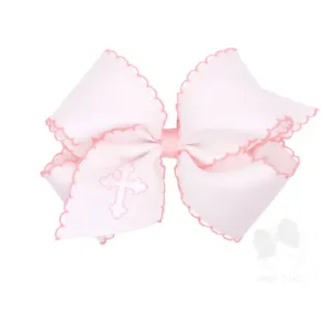 King White Grosgrain Bow with Moonstitch Edge and Cross Embroidery - White with Light Pink
