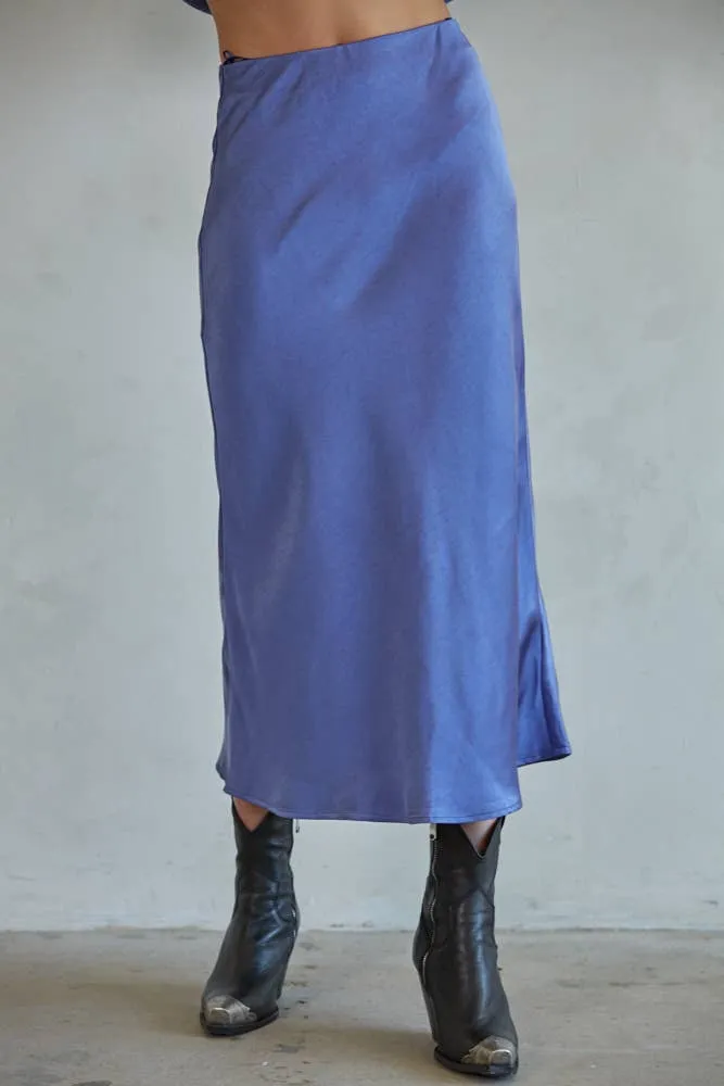 L5954 | Woven Satin Waist Elastic Band Midi Skirt