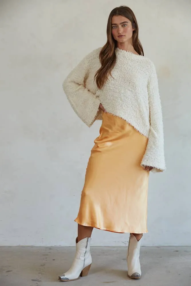 L5954 | Woven Satin Waist Elastic Band Midi Skirt