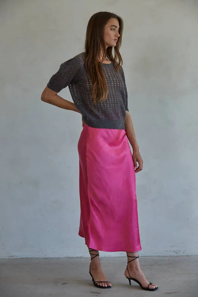 L5954 | Woven Satin Waist Elastic Band Midi Skirt
