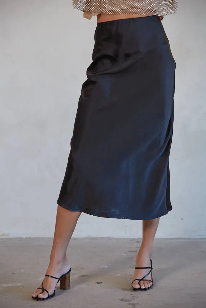 L5954 | Woven Satin Waist Elastic Band Midi Skirt