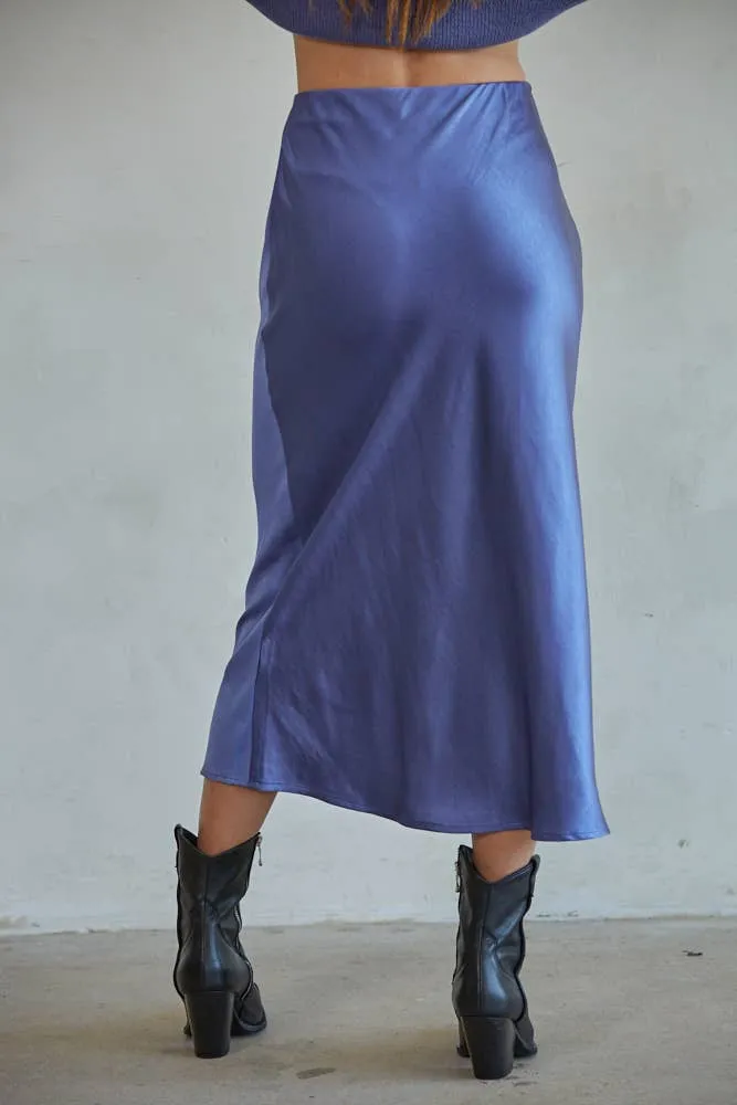 L5954 | Woven Satin Waist Elastic Band Midi Skirt