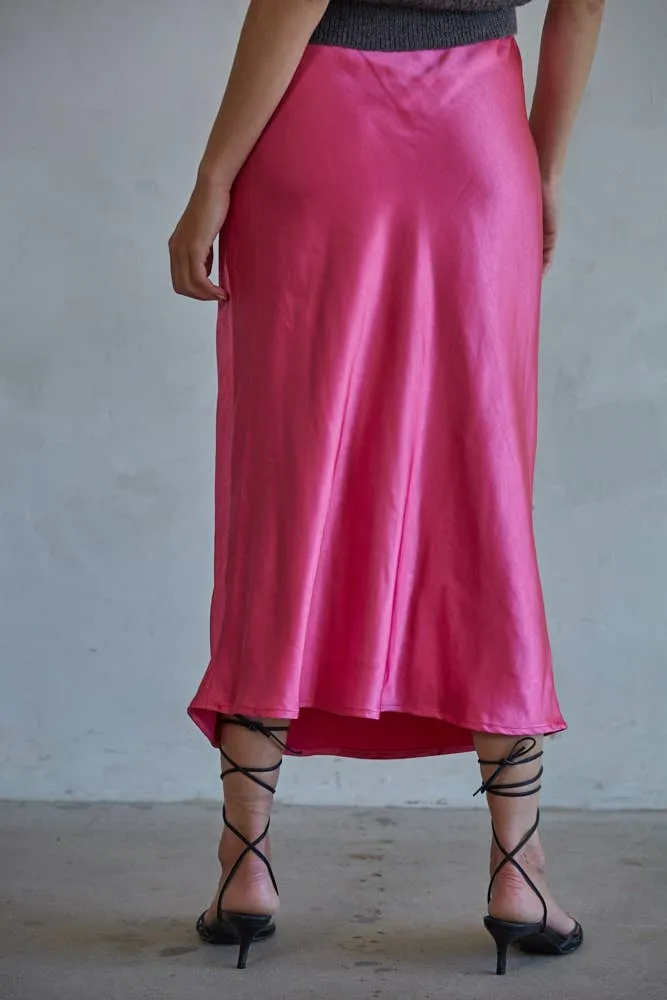 L5954 | Woven Satin Waist Elastic Band Midi Skirt