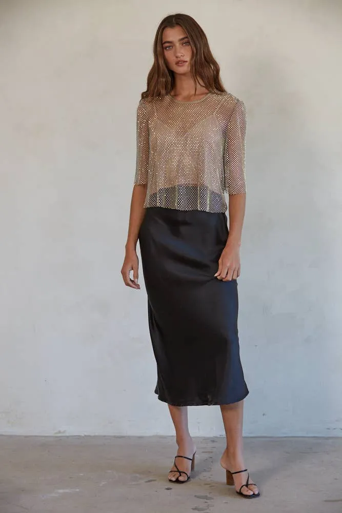 L5954 | Woven Satin Waist Elastic Band Midi Skirt